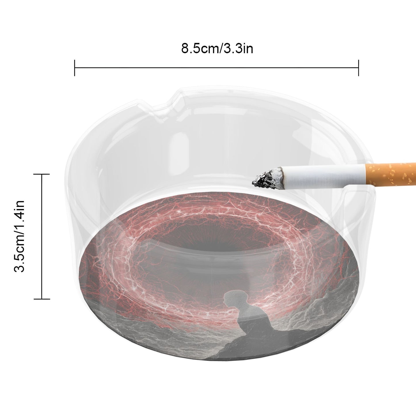 Meditation & Red Energy Eye Illustration Glass Ashtray｜Round Heat-Resistant Clear Glass with HD Print｜3-Groove Ashtray for Home, Office, or Art Space