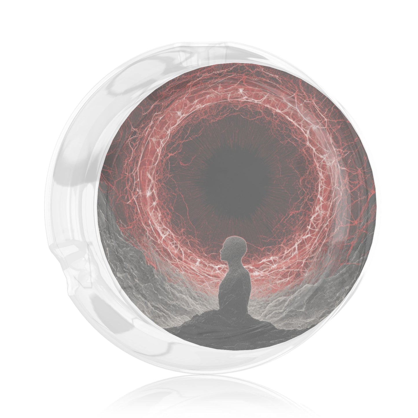 Meditation & Red Energy Eye Illustration Glass Ashtray｜Round Heat-Resistant Clear Glass with HD Print｜3-Groove Ashtray for Home, Office, or Art Space