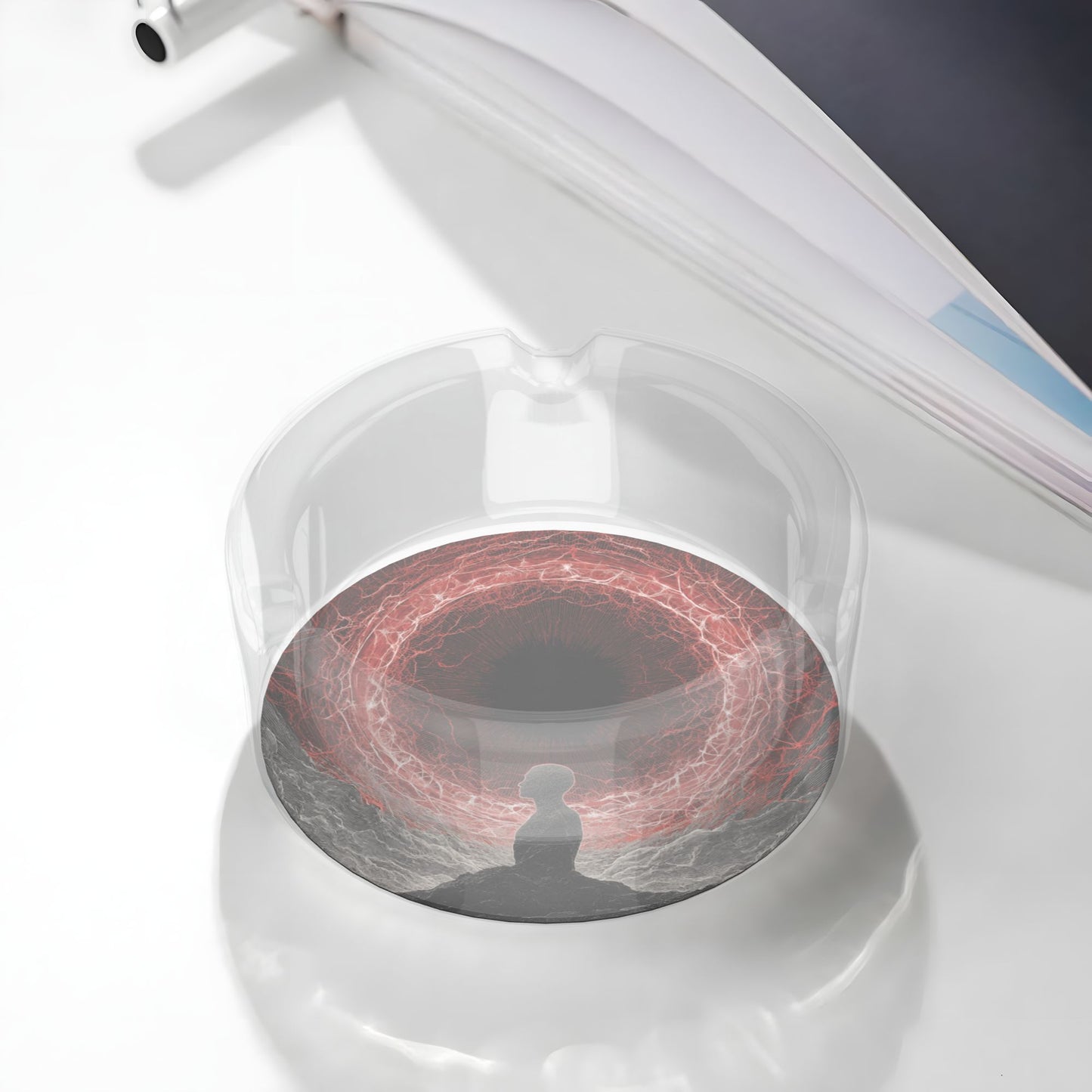 Meditation & Red Energy Eye Illustration Glass Ashtray｜Round Heat-Resistant Clear Glass with HD Print｜3-Groove Ashtray for Home, Office, or Art Space