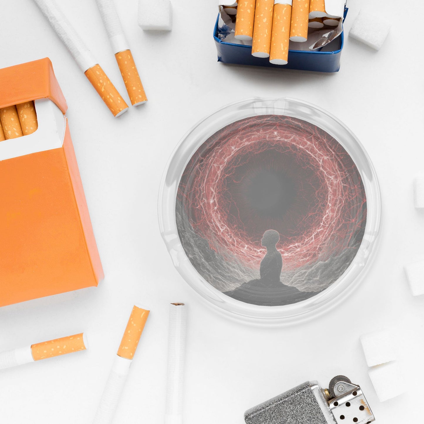 Meditation & Red Energy Eye Illustration Glass Ashtray｜Round Heat-Resistant Clear Glass with HD Print｜3-Groove Ashtray for Home, Office, or Art Space